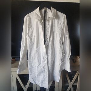 Soft Surroundings White Button Down Blouse Lace-Up Cuff Boho